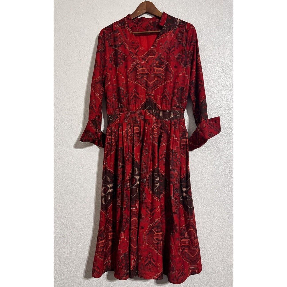 Stylewe Southwestern Navajo Red Long Sleeve Midi V Neck Dress M